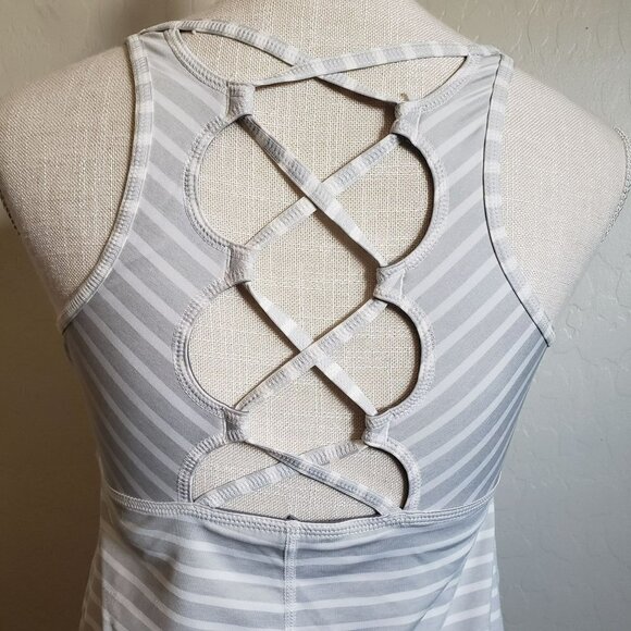 PrAna Striped Filament Tank Top Yoga Criss Cross Back Grey/White Sz Womens Small - Picture 11 of 12
